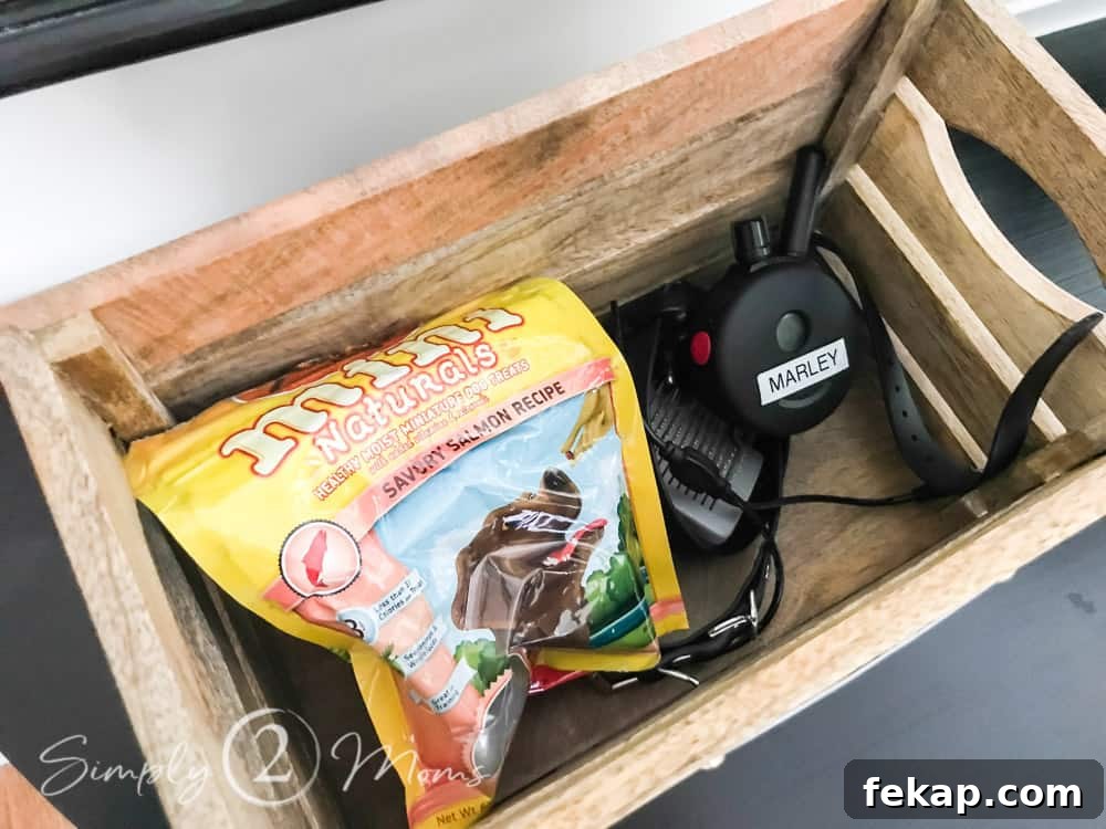 wood box filled with dog collar and treats