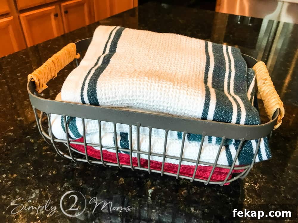 close up of basket filled with dish towels