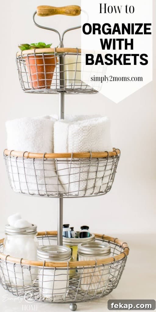Pinterest graphic about organizing with baskets