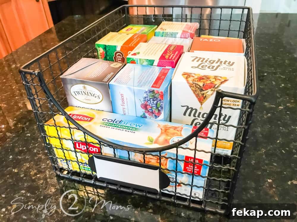 wire basket filled with boxes of tea