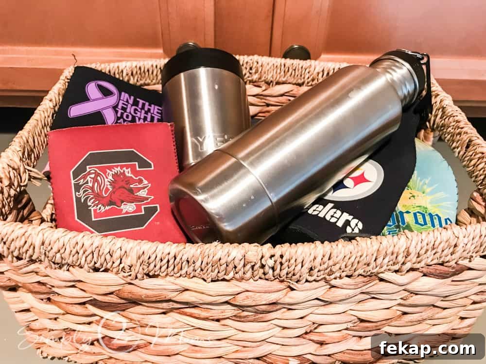 close up of basket filled with koozies