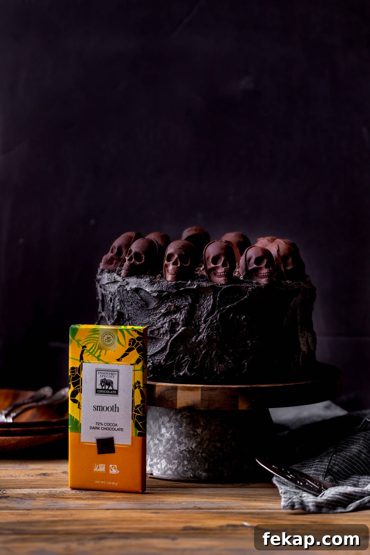 Spooky Halloween Chocolate Cake Recipe 3 Decorated cake on a cake stand.
