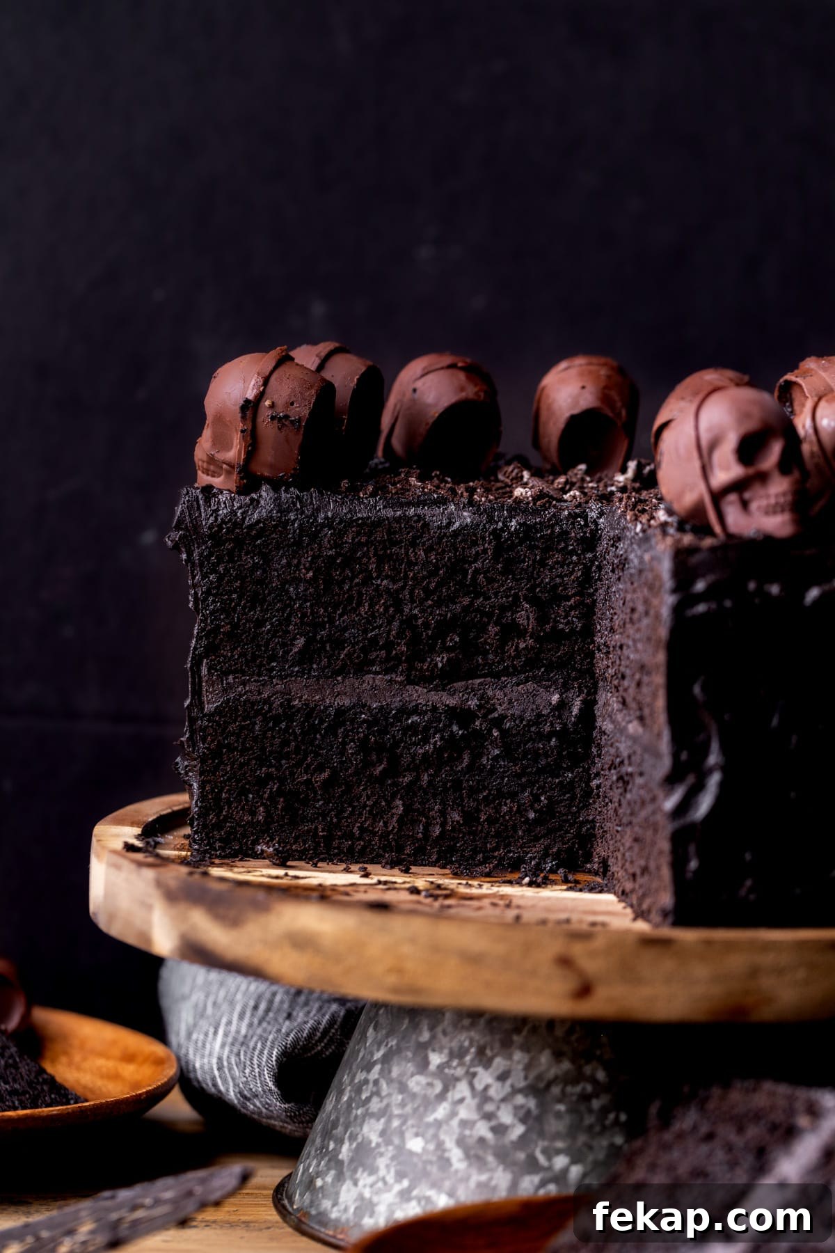 Spooky Halloween Chocolate Cake Recipe 10 Halloween chocolate cake with the cake split open.