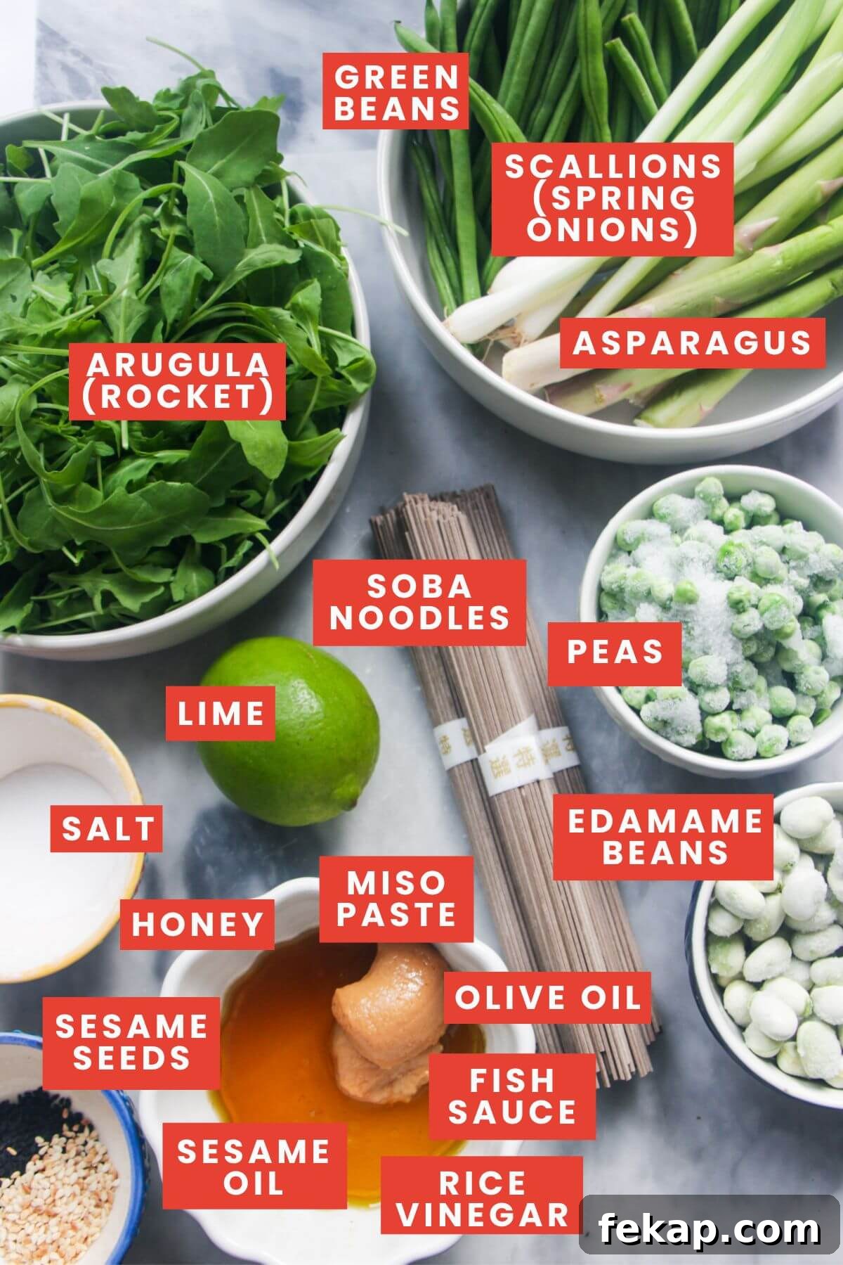 Green Goddess Soba Noodle Salad with Creamy Avocado Dressing 3 Ingredients for Asian noodle salad laid out and labelled.