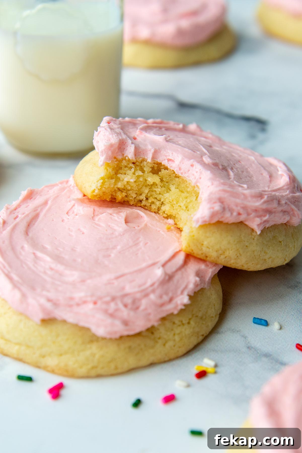 a cookie resting on another with a bite taken out of it.