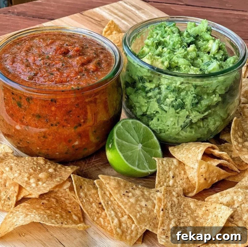 Authentic Guacamole Recipe with Fresh Avocado 2 A jar of red salsa next to a jar of guacamole with corn chips and half a lime spread around them