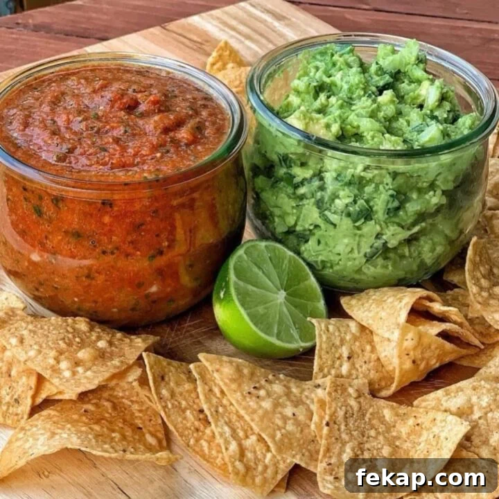 2 jars of salsa and guacamole with homemade chips on a wooden cutting board.
