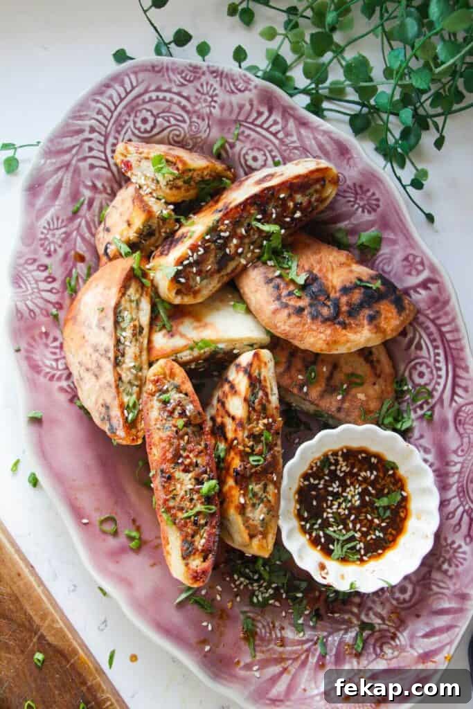 Dumpling stuffed flatbreads on a pink plate with dipping sauce on the side.