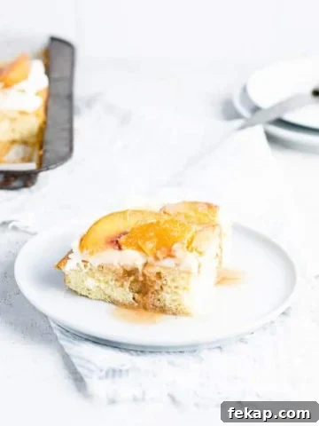 side view of a piece of peach sheet cake.