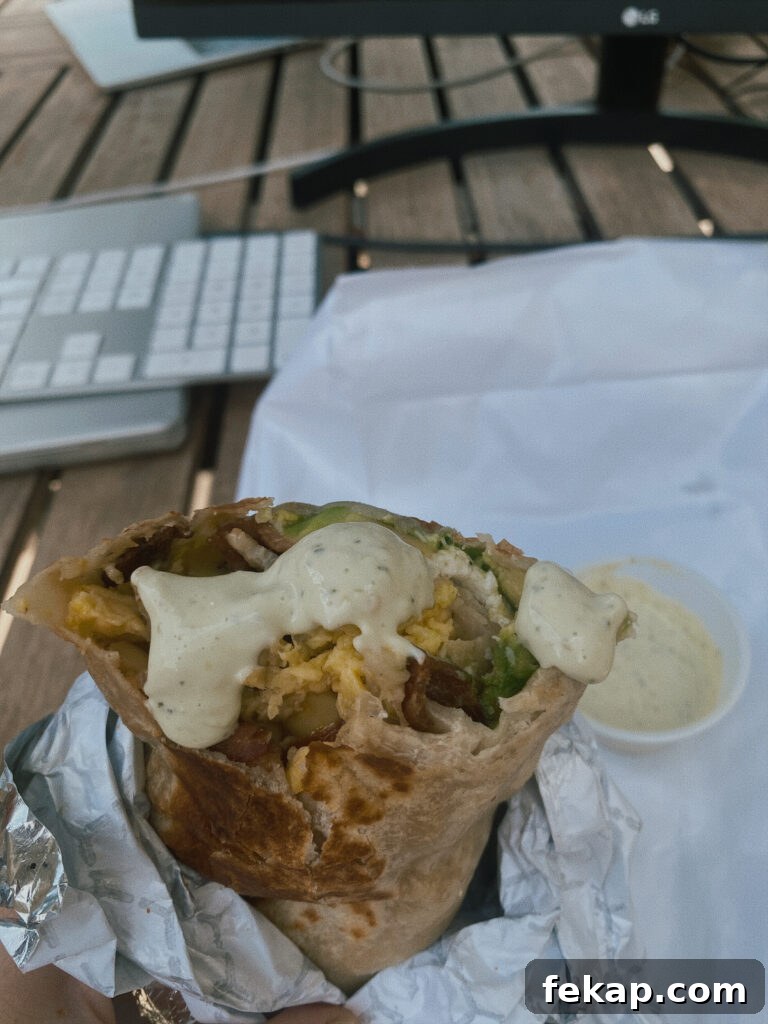 Skier's Breakfast Burrito at Beaumont Bakery 4 Breakfast burrito with sauce