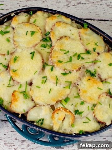 Potato casserole with spinach and beef in blue casserole dish