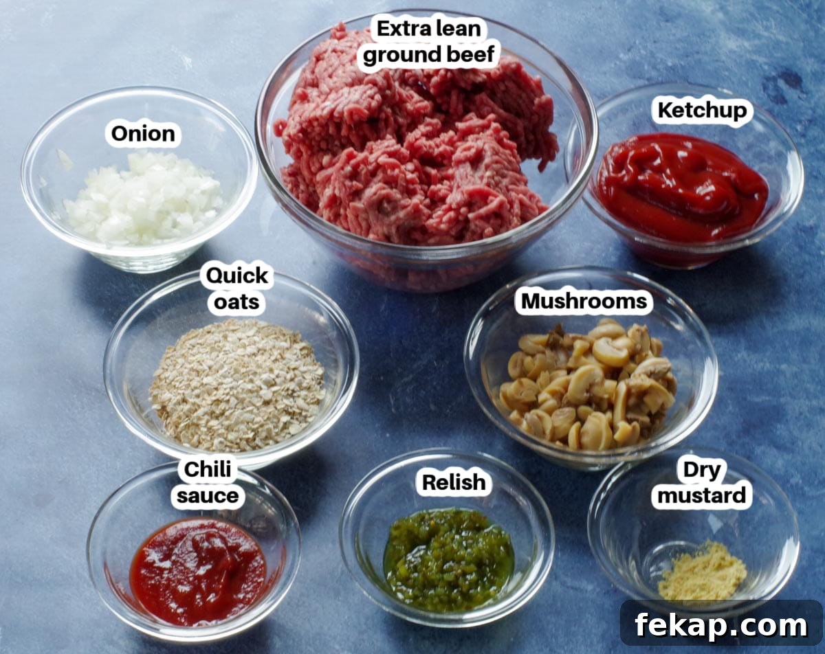 Old-Fashioned Gluten-Free, Dairy-Free Meatloaf (No Eggs or Milk) 4 Old fashioned meatloaf ingredients in glass bowls, labelled, on blue surface