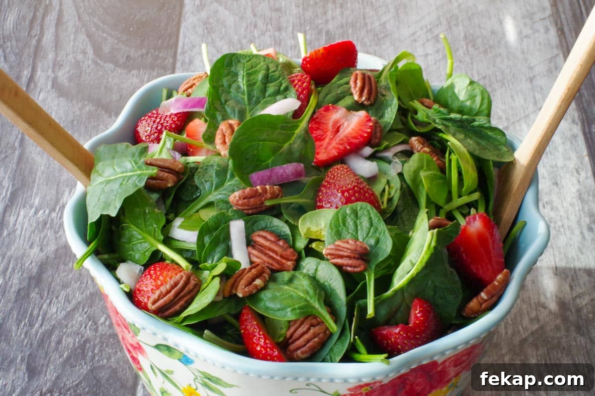Old-Fashioned Gluten-Free, Dairy-Free Meatloaf (No Eggs or Milk) 9 strawberry spinach pecan salad in a large bowl with flower print and wooden utensils