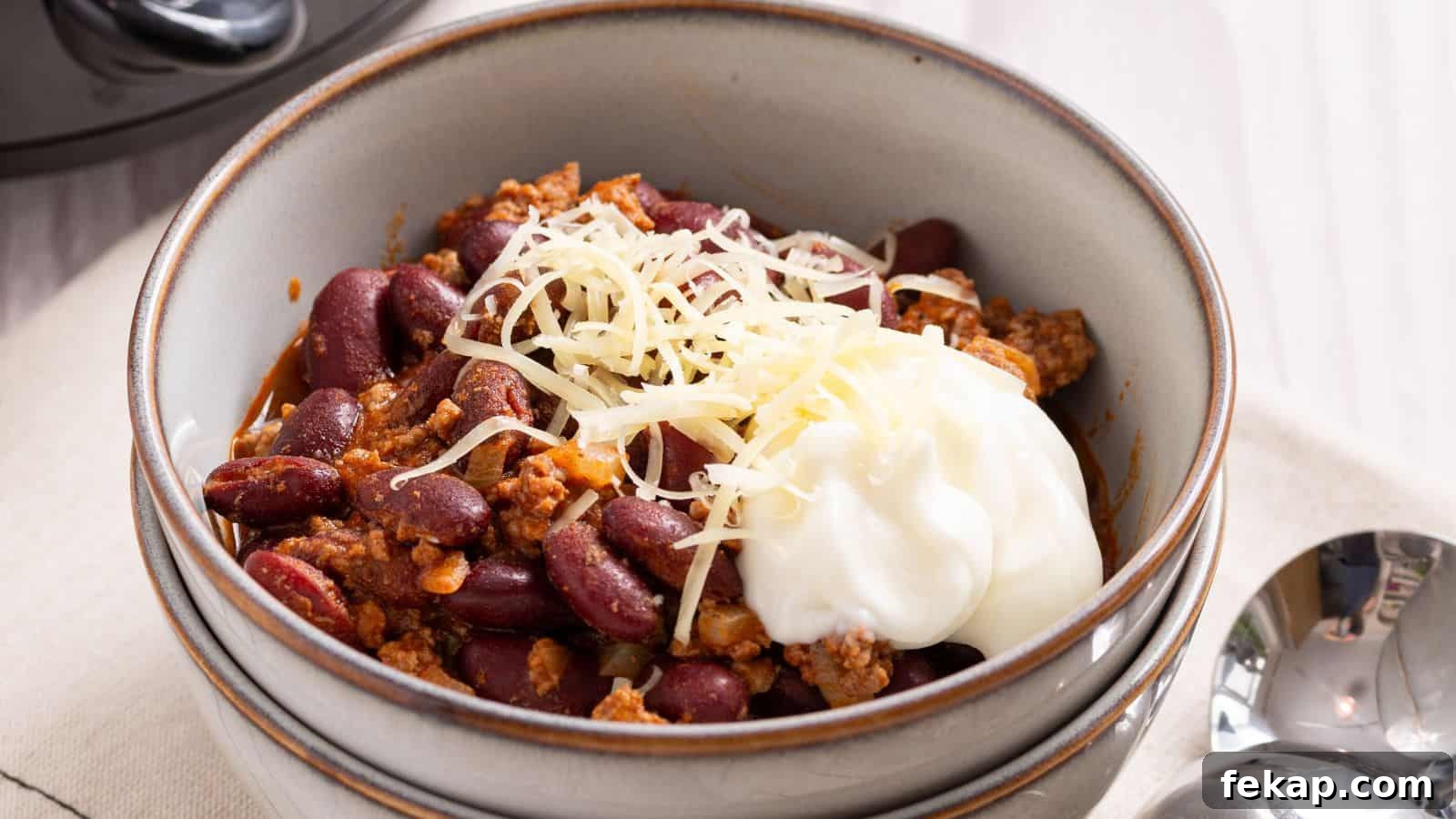15 Soups and Stews That Make You Forget It's Summer 2 Crock Pot Chili served in two white bowls with spoon.