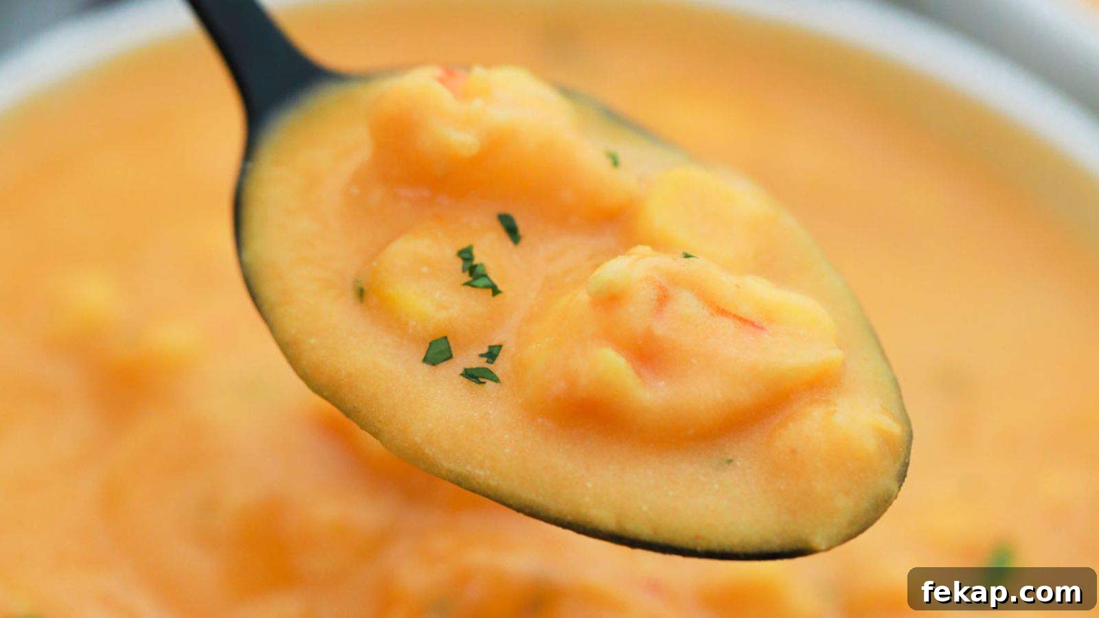 15 Soups and Stews That Make You Forget It's Summer 11 A close-up image of a spoonful of creamy shrimp bisque garnished with herbs, hovering above the rest of the soup in a bowl.