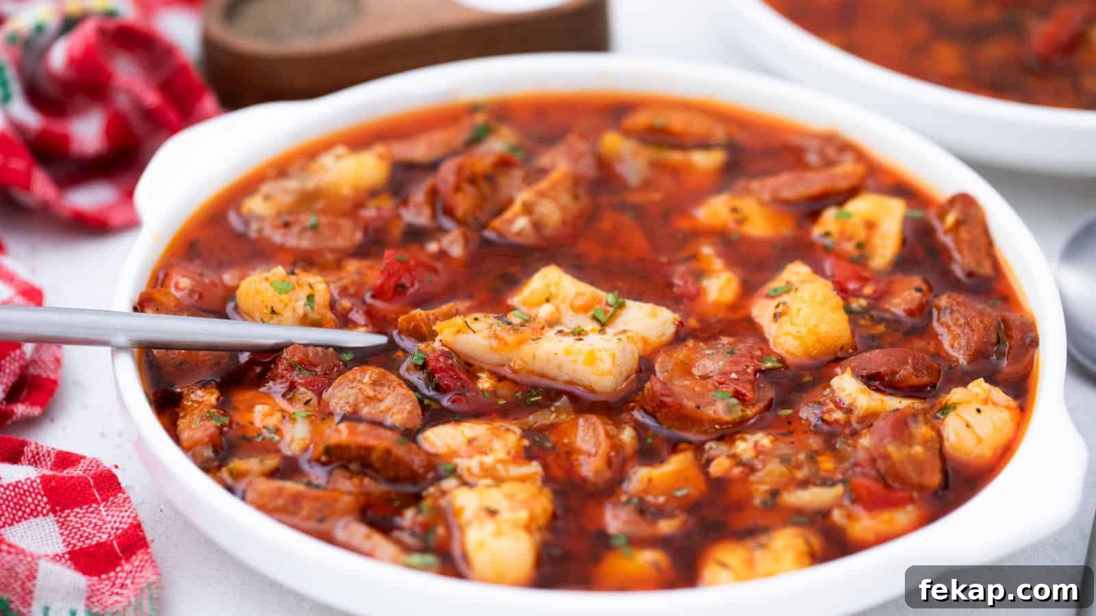 15 Soups and Stews That Make You Forget It's Summer 13 A bowl of soup with sausage and fish.