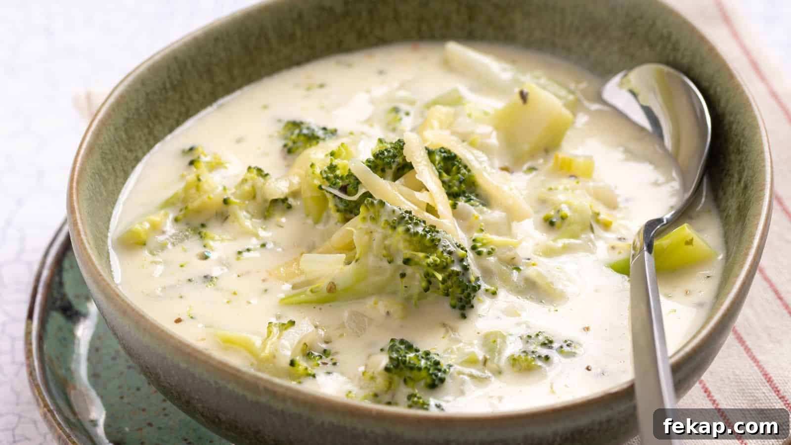 15 Soups and Stews That Make You Forget It's Summer 15 A bowl of creamy broccoli cheese soup beside fresh broccoli and shredded cheese, with a slow cooker in the background.