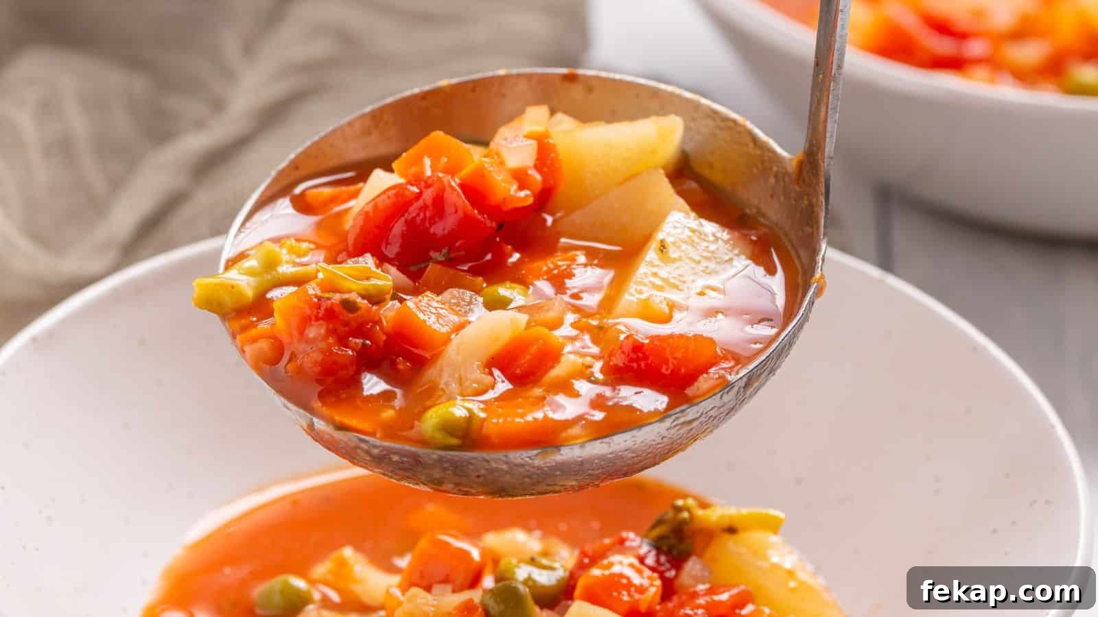 15 Soups and Stews That Make You Forget It's Summer 3 A ladle serving vegetable soup with tomatoes, potatoes, and green peas into a white bowl, with a blurred bowl in the background.
