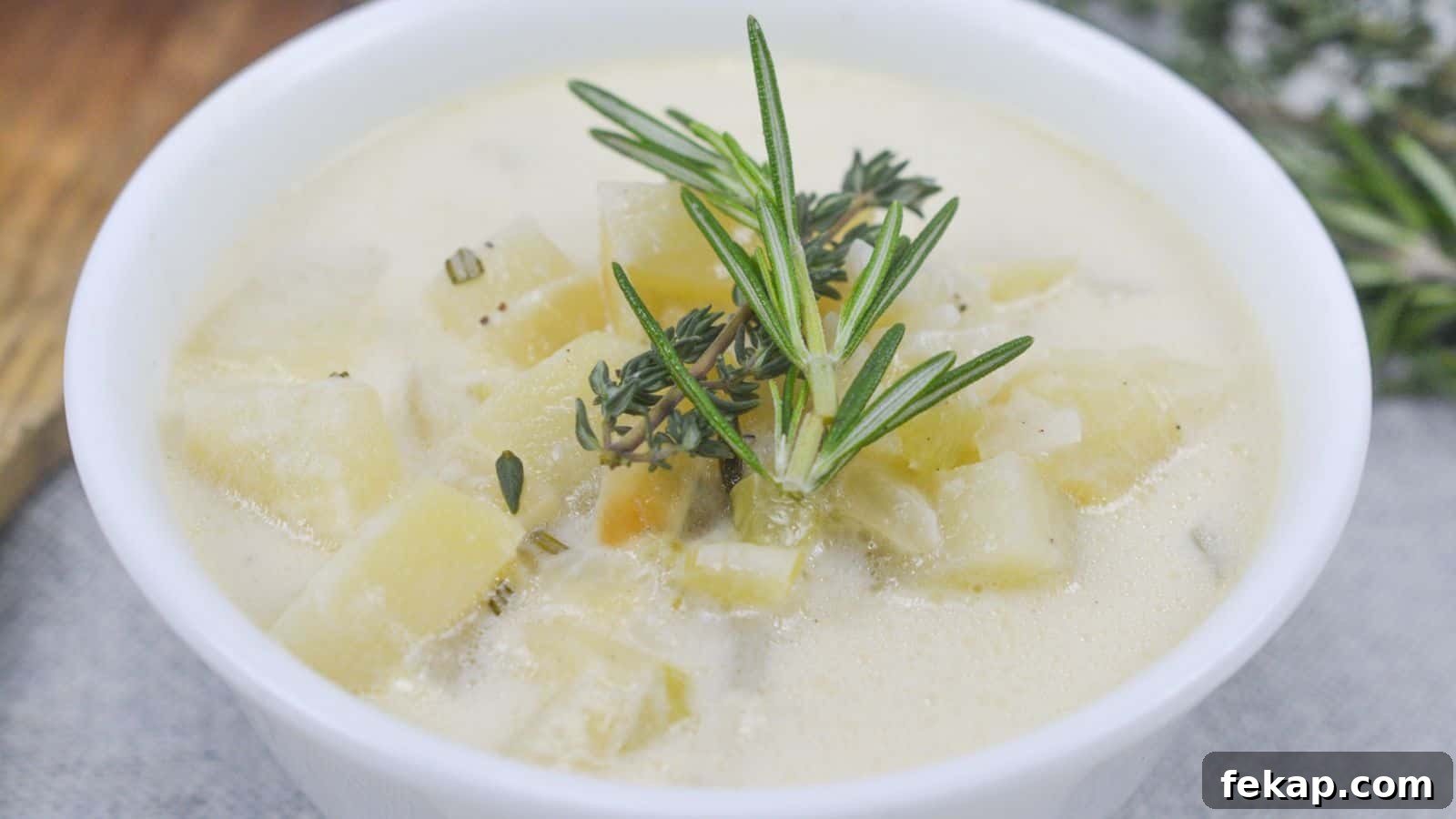 15 Soups and Stews That Make You Forget It's Summer 4 A bowl of creamy potato soup garnished with rosemary and thyme, served on a wooden table.