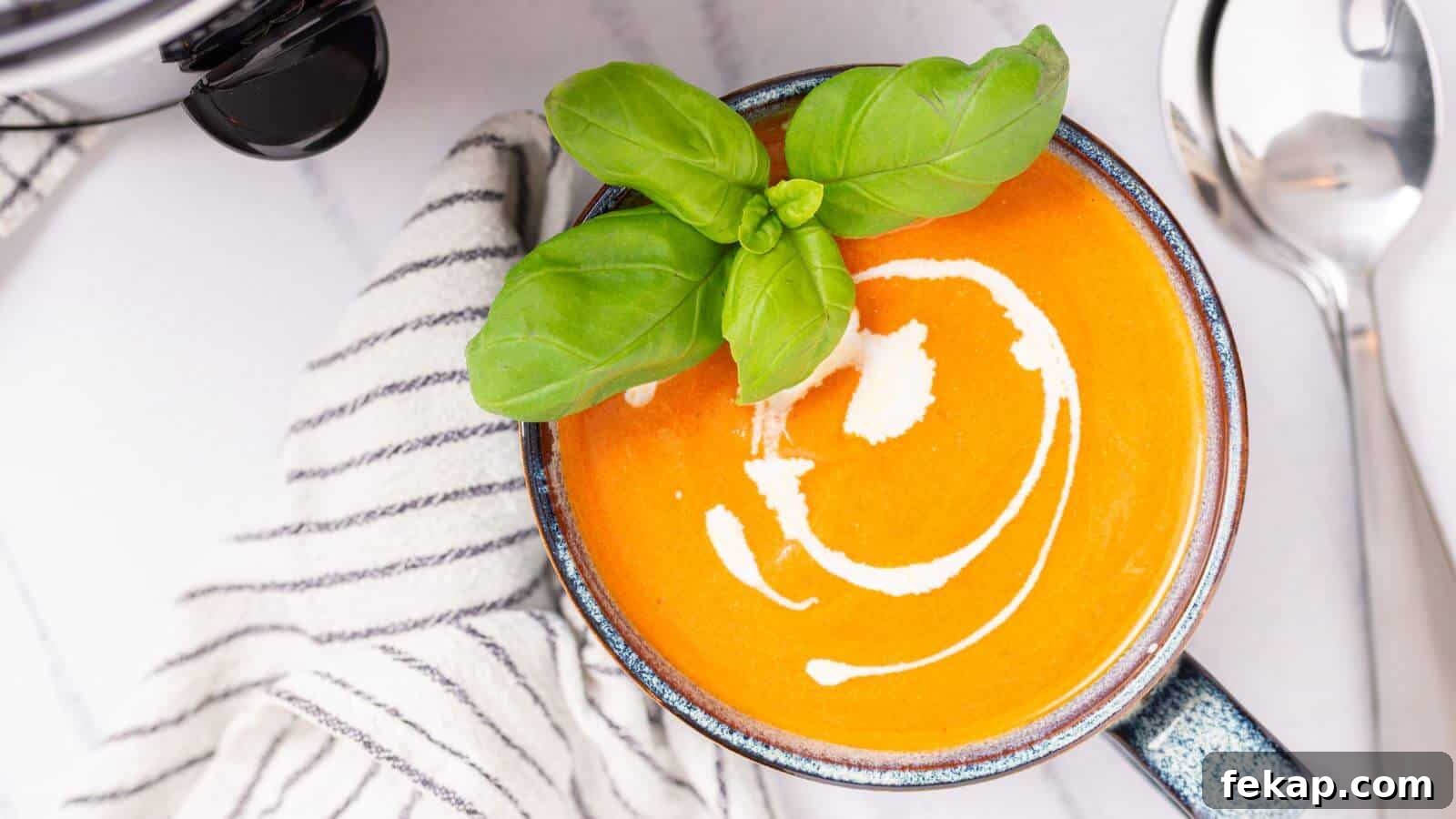 15 Soups and Stews That Make You Forget It's Summer 5 Top view of a bowl of creamy tomato soup garnished with basil, served with a spoon and sunglasses on the side.