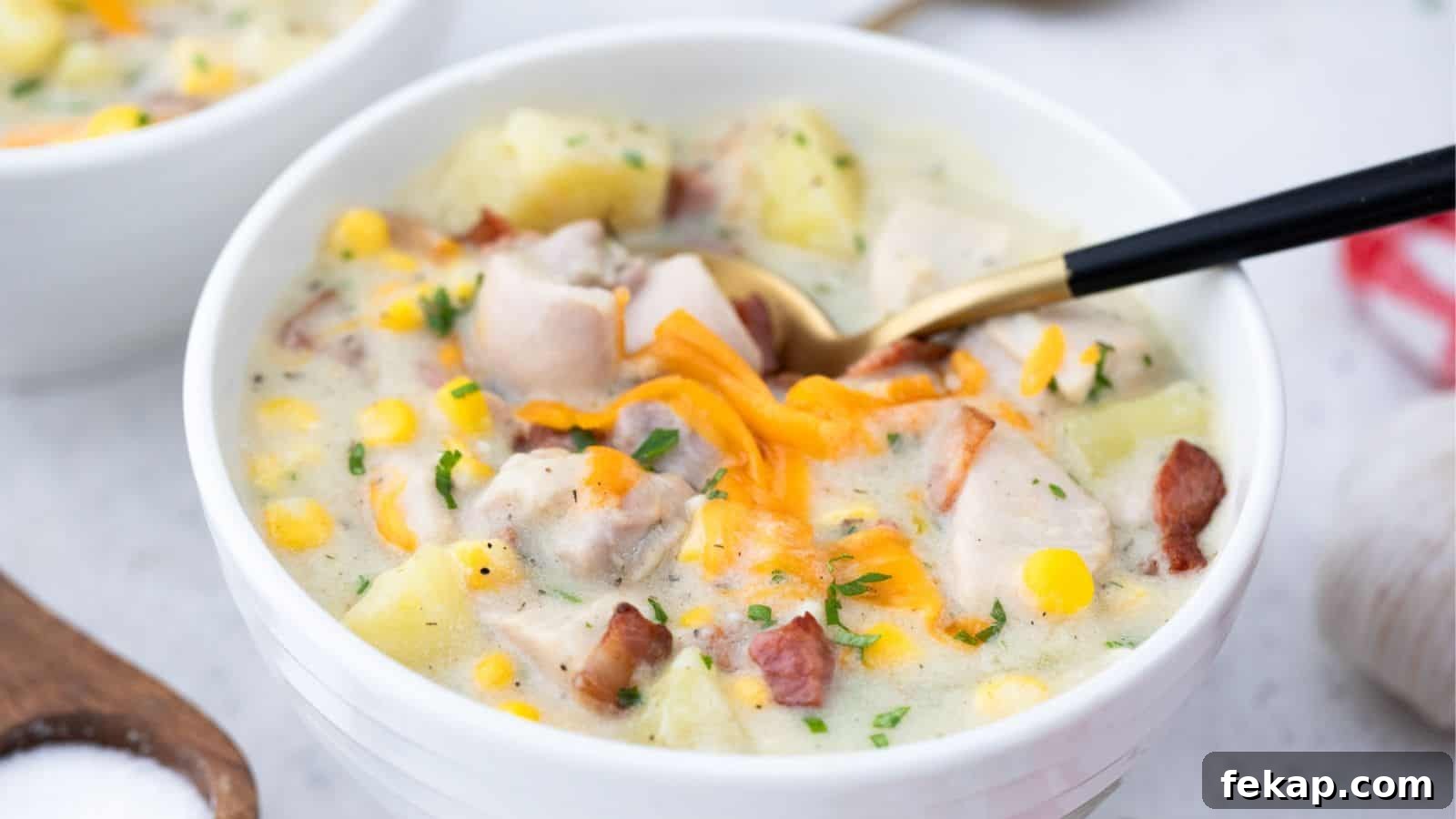 15 Soups and Stews That Make You Forget It's Summer 6 A bowl of creamy chicken corn chowder with potatoes and garnished with shredded cheese.