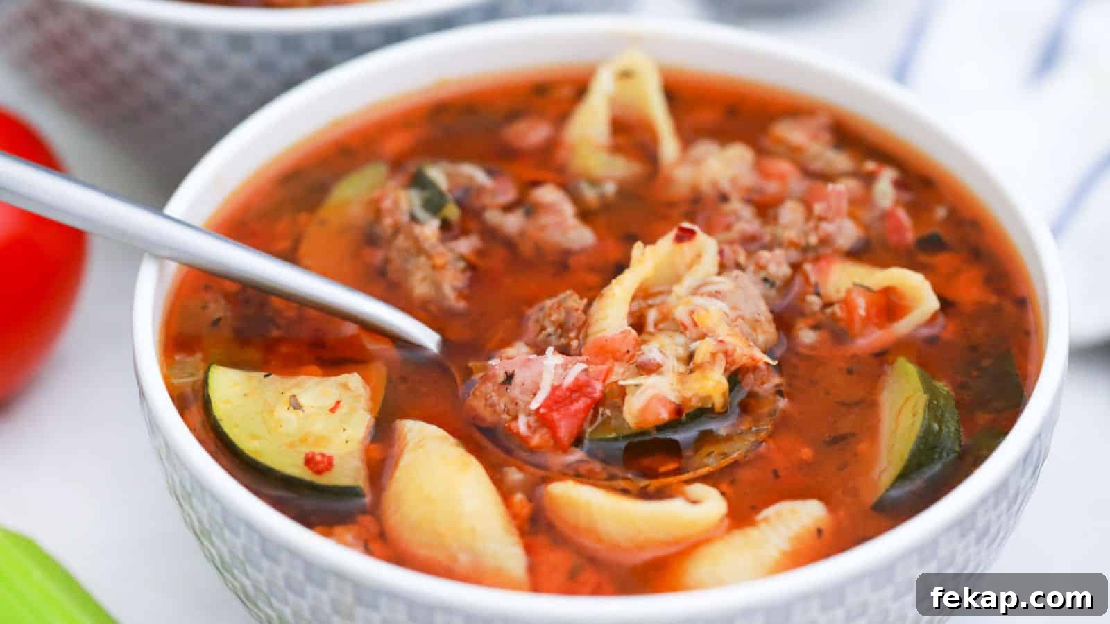 15 Soups and Stews That Make You Forget It's Summer 7 Minestrone Soup with Sausage in white bowl with spoonful.