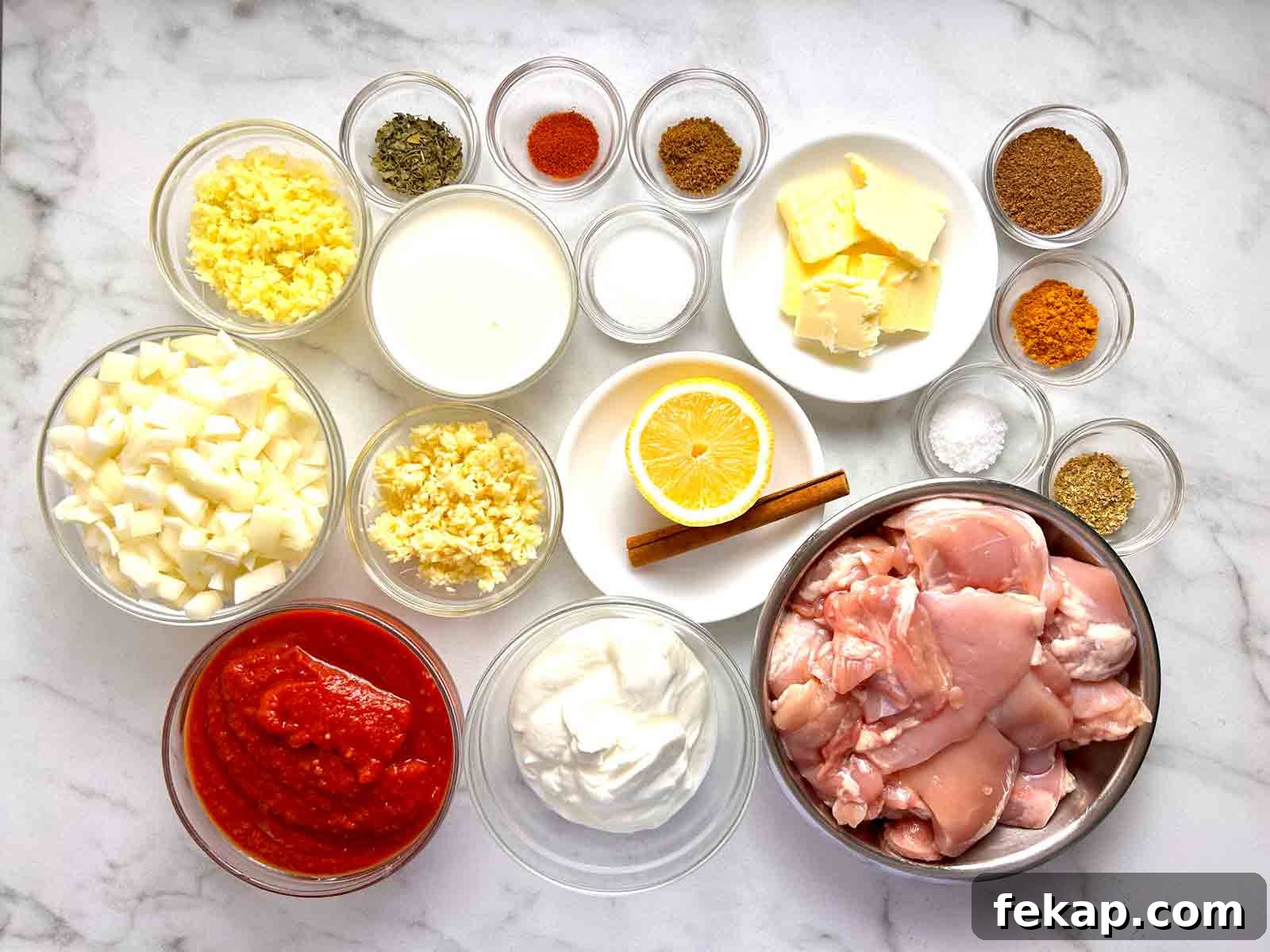Creamy Butter Chicken Recipe: Authentic Indian Flavor 3 ingredients prepped in bowls.