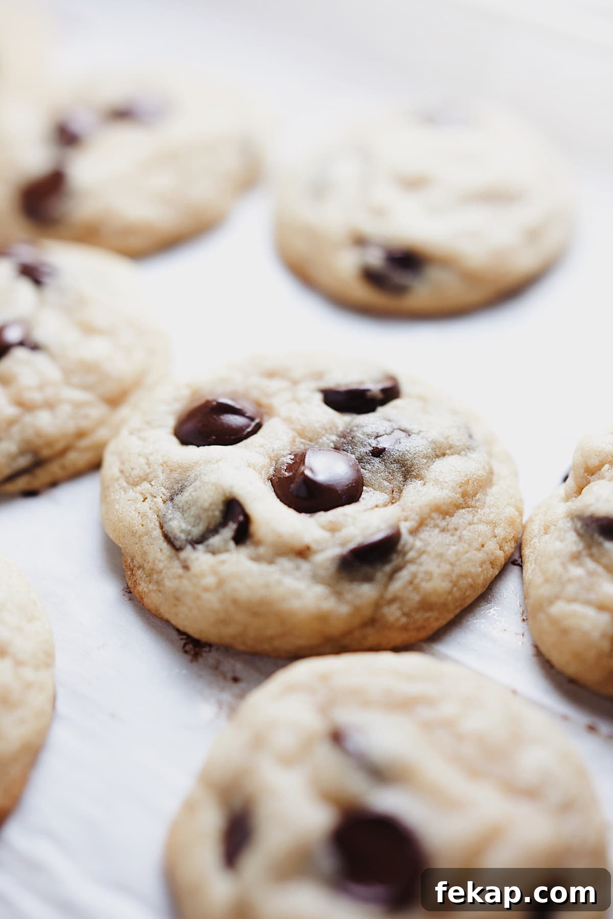 Chewy chocolate chip cookie recipe laid out on parchment paper.