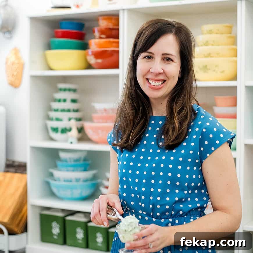 Creamy Old Fashioned Mac and Cheese Recipe 3 woman scooping pistachio salad into a parfait dish, with colorful vintage bowls in the background.