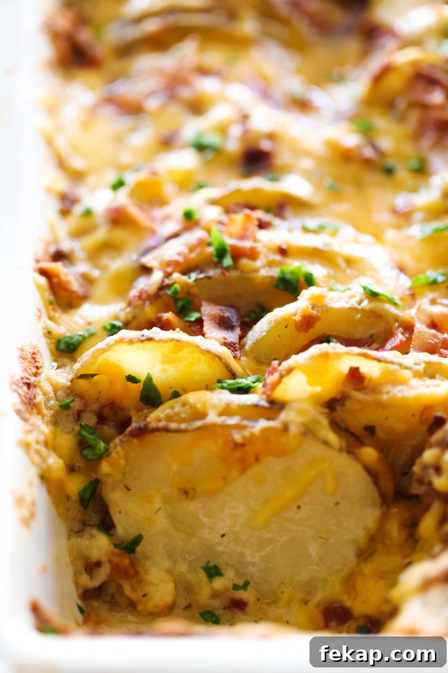 Cheesy Bacon Ranch Scalloped Potatoes Recipe 3 Pouring creamy ranch sauce over stacked potatoes