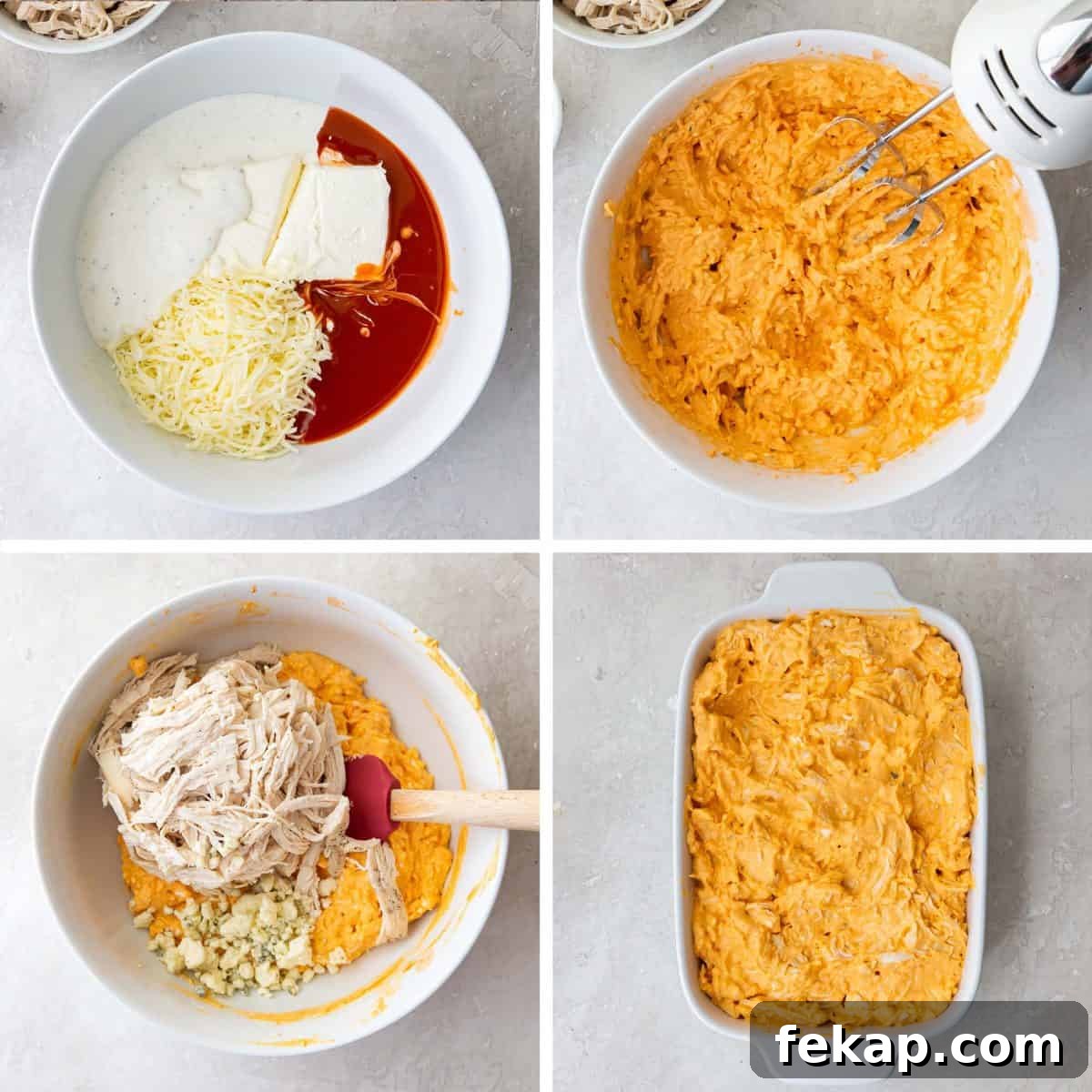 Buffalo Chicken Dip ingredients combined in a bowl and transferred to a baking dish.