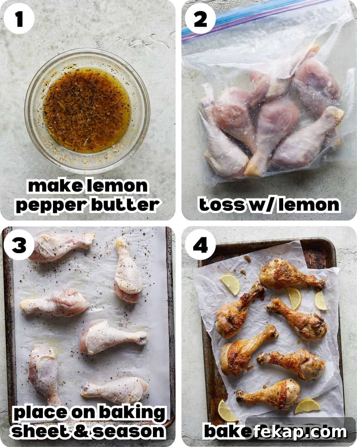 Step-by-step images showing the process for lemon pepper chicken drumsticks.