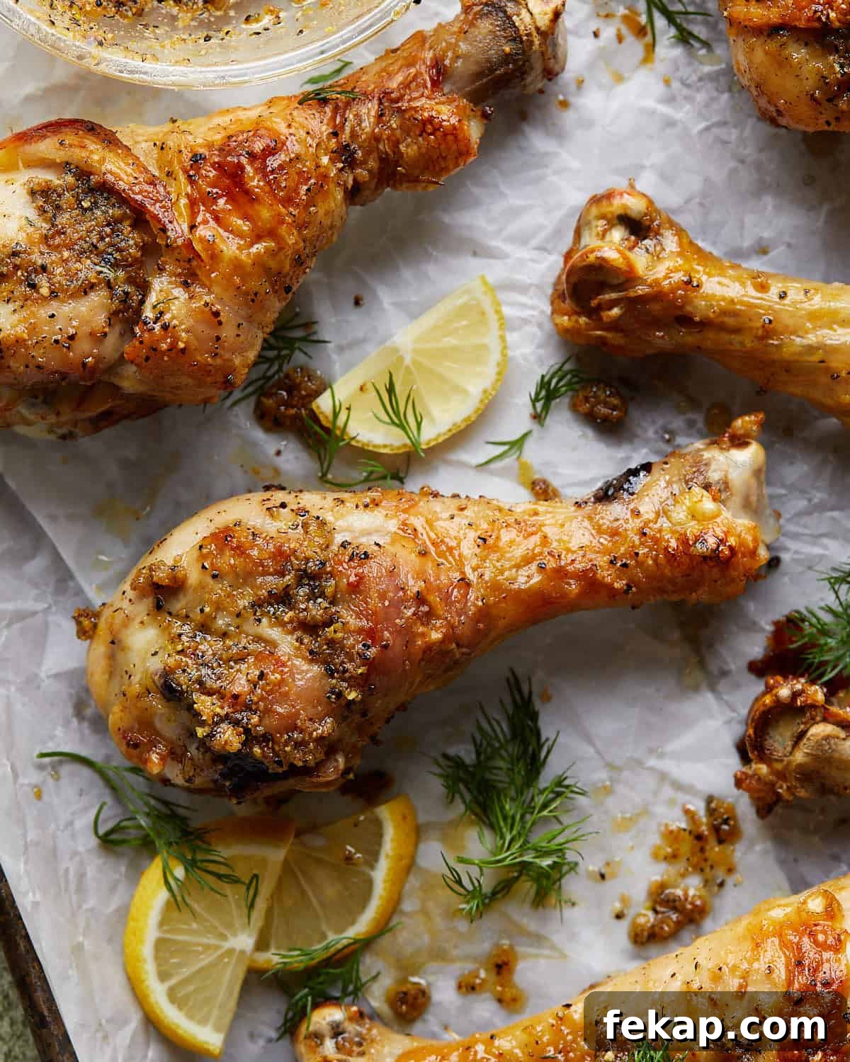 Up close image of lemon pepper chicken drumsticks.