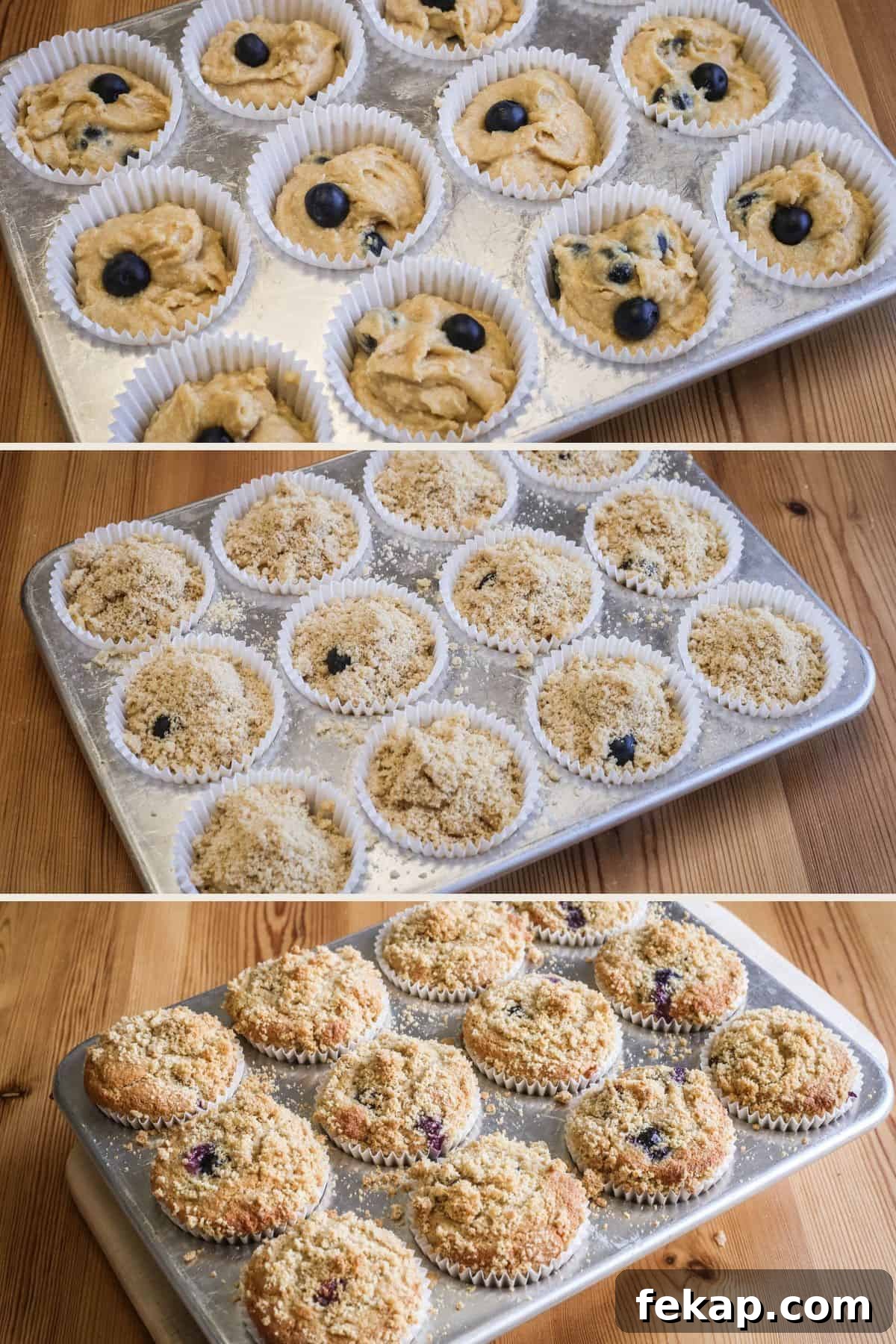 Gluten Free Blueberry Streusel Muffins Recipe 9 Blueberry Muffins ready to be baked in tin strewn with streusel then freshly baked looking golden.