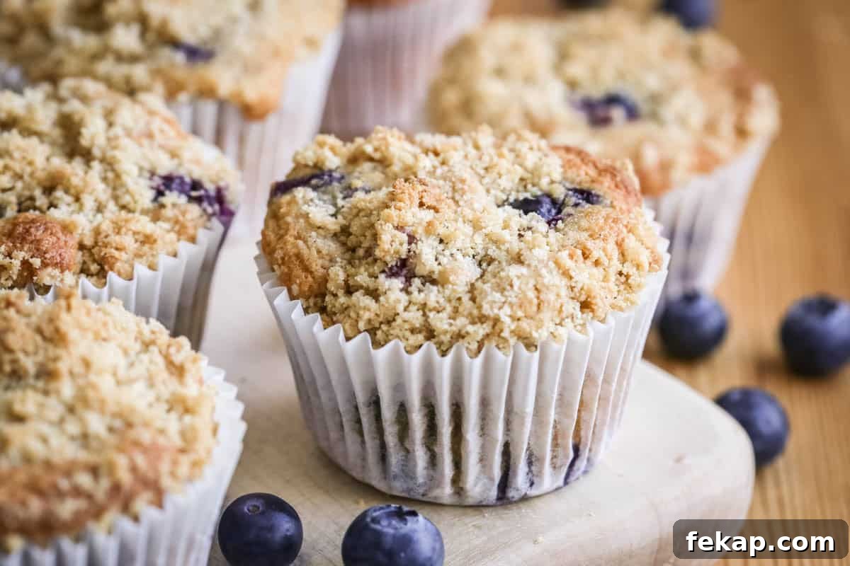 Gluten Free Blueberry Streusel Muffins Recipe 10 Blueberry Muffin on a table showing golden crumb upon baking.