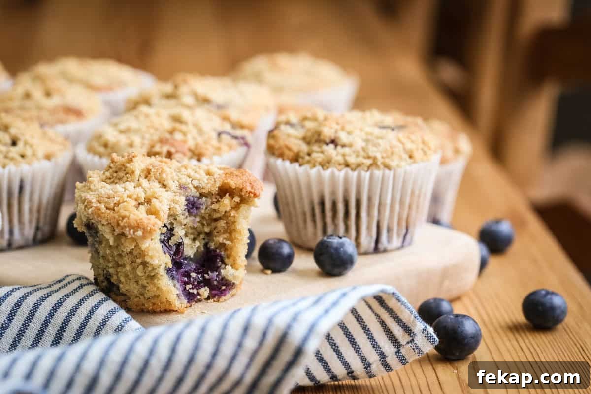 Gluten Free Blueberry Streusel Muffins Recipe 12 Blueberry Muffin on a table with a bite taken out showing juicy blueberries and soft fluffy crumb.