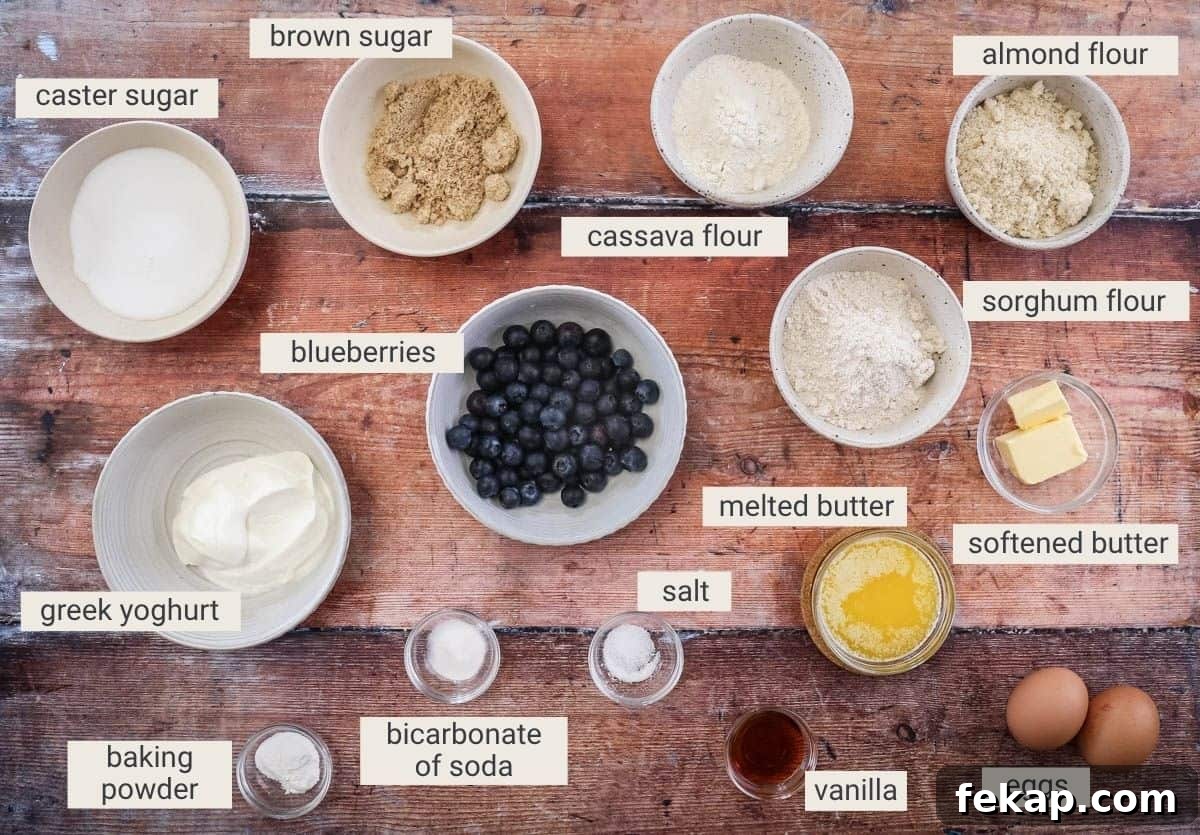Gluten Free Blueberry Streusel Muffins Recipe 3 Blueberry muffin ingredients on a table.