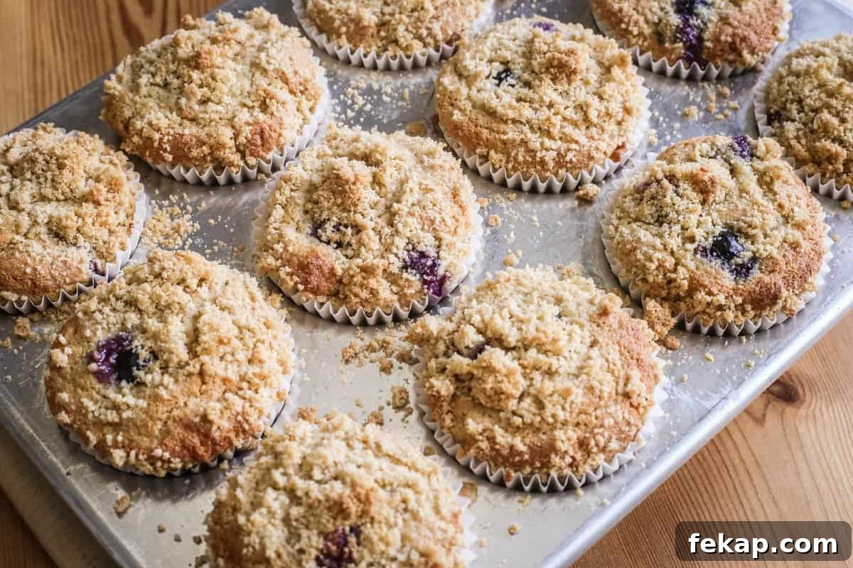 Gluten Free Blueberry Streusel Muffins Recipe 4 Blueberry Muffins freshly out of the oven still in their baking tin.