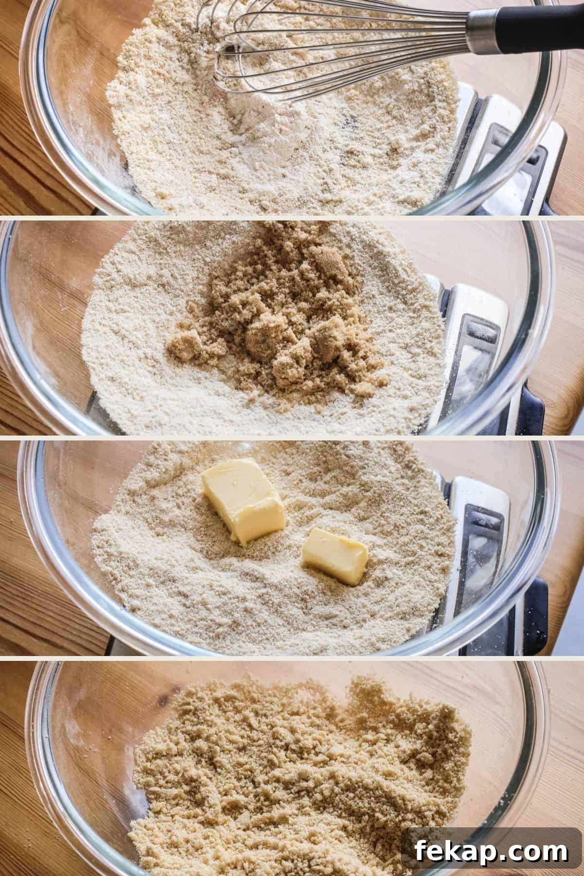 Gluten Free Blueberry Streusel Muffins Recipe 5 Streusel topping made in a bowl. Flour then sugar then butter added and rubbed to make fine crumb.