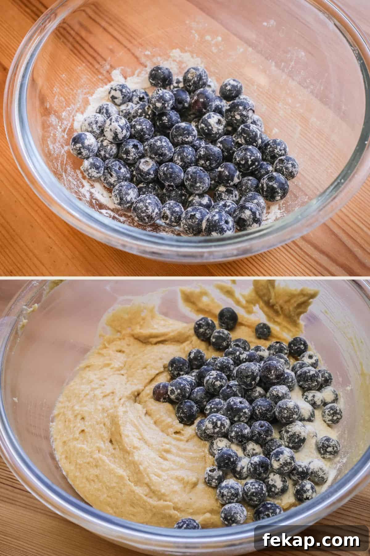 Gluten Free Blueberry Streusel Muffins Recipe 8 blueberrries in a bowl spinkled with flour to coat, then tossed into batter.