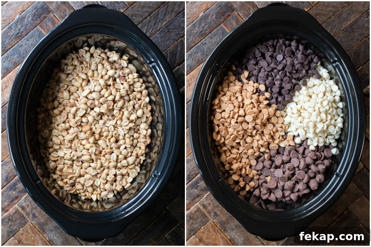 Slow Cooker Peanut Clusters Recipe 4 2 photo collage, peanuts in one slow cooker, and chocolate chips on top in another.