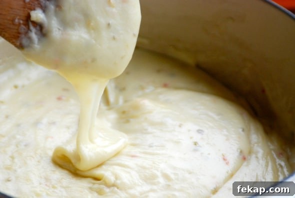 Quick Weeknight Mornay Cheese Sauce Recipe 5 pepper jack mornay sauce in pot.
