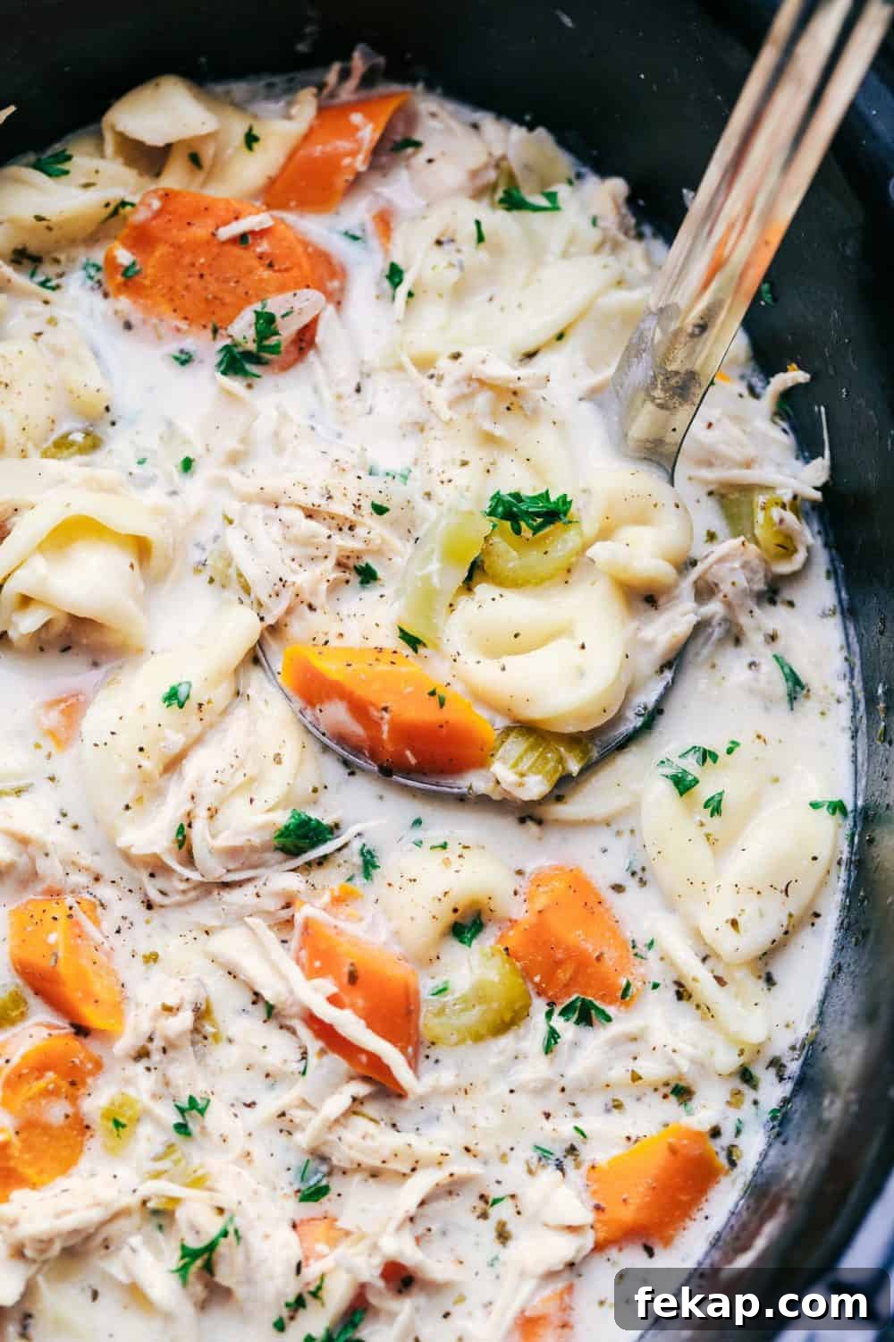 Slow cooker creamy chicken tortellini soup.