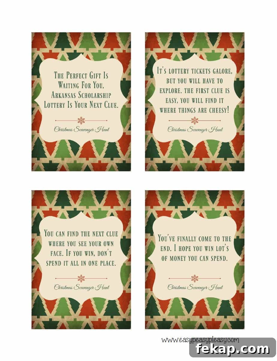 Free Printable Christmas Scavenger Hunt Clues using lottery tickets.