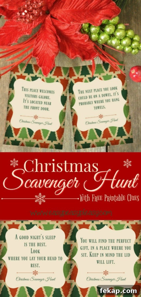 Have fun this holiday season playing a Christmas Scavenger Hunt with these Free Printable Clues! #christmasscavengerhunt #christmasgames #scavengerhunt #freeprintablescavengerhunt #freeprintablescavengerhuntclues