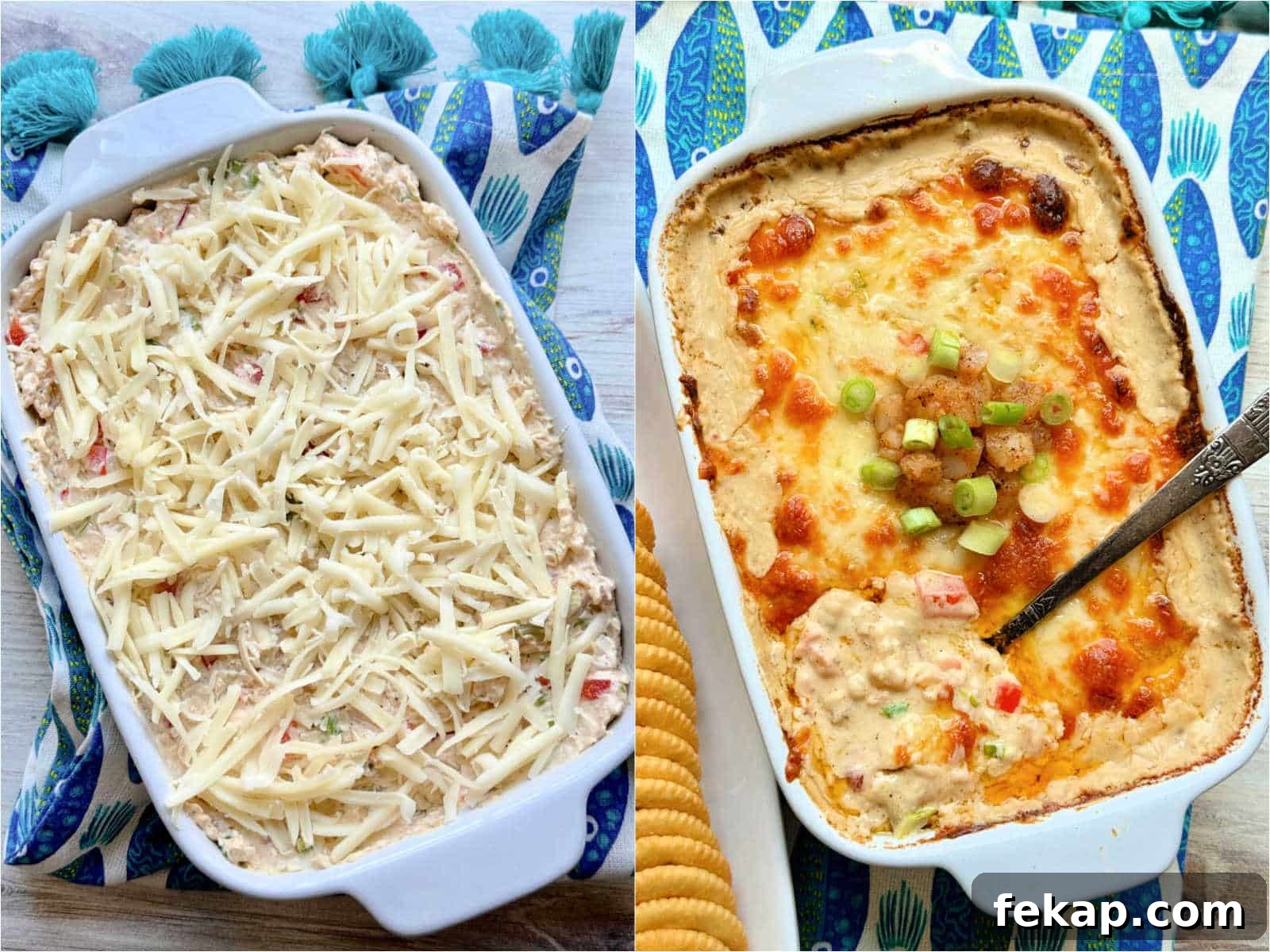Cajun Shrimp Dip Recipe: Creamy Party Appetizer 4 cajun shrimp dip in casserole dish before and after being baked