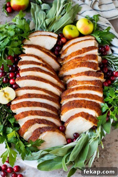 Smoked Turkey Rub Recipe for Juicy Flavorful Turkey 11 Sliced smoked turkey breast on a serving plate with herbs.