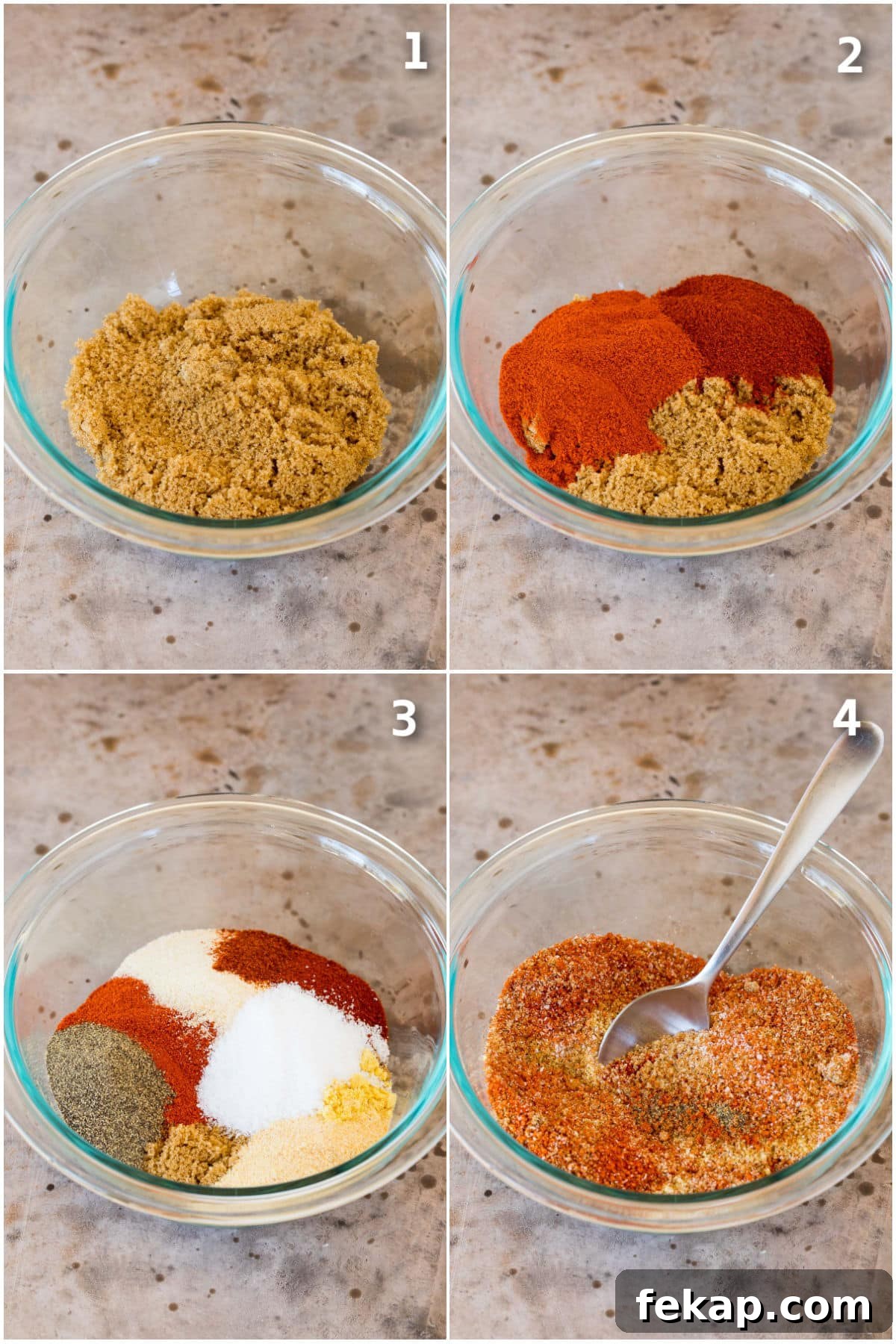 Smoked Turkey Rub Recipe for Juicy Flavorful Turkey 4 Spices being put into a bowl and stirred together.
