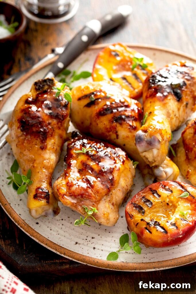 Grilled Chicken with Sticky Peach Glaze 11 Glazed chicken legs and thighs off the grill, served on a plate
