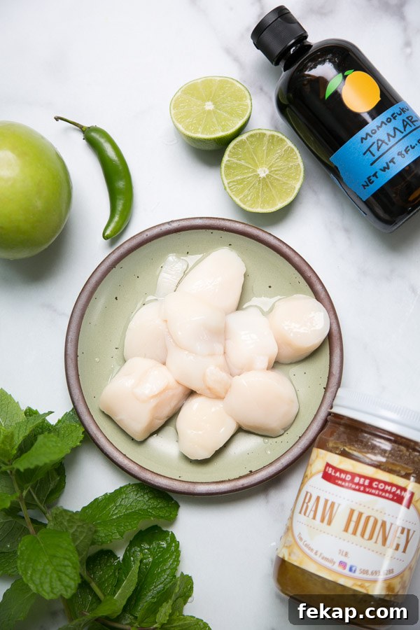 ingredients - scallops tamari honey apple peppers lime mint